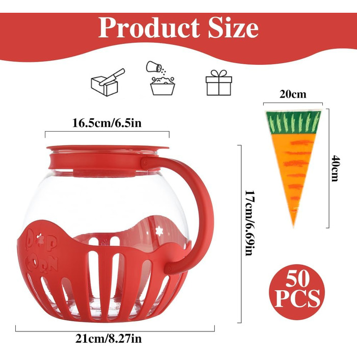 Мікрохвильова піч RANJIMA Popcorn Maker, Миска для мікрохвильової печі для попкорну, Машина для попкорну з пакетами для попкорну, Закуска з попкорну в горщику, Червона попкорн-закуска для дітей, Дні народження, Сімейні зустрічі