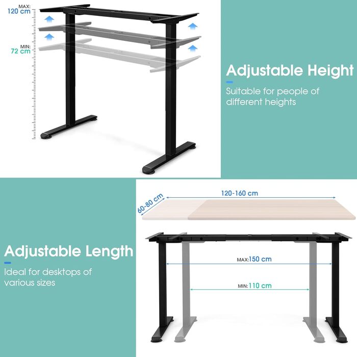 Електрична настільна підставка LIFEZEAL з регульованою висотою, рама столу з 2 двигунами та функцією захисту від зіткнень, рама столу з регульованою шириною та довжиною (чорна)