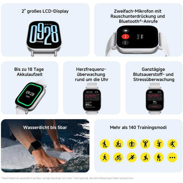 Розумний годинник Xiaomi Redmi Watch 5 Active, 2.0-дюймовий РК-дисплей, 18-денний час роботи від батареї, понад 140 спортивних режимів, відстеження серцевого ритму та SPO, водонепроникність 5 атм, Bluetooth-дзвінки, фітнес-трекер, моніторинг сну Redmi Wat
