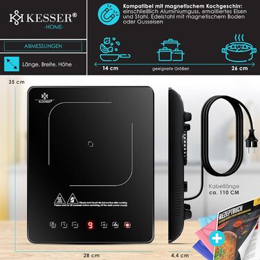 Індукційна варильна поверхня KESSER Індукційна варильна поверхня 1 тарілка 2100 Вт портативна 28 см 3 тканини з мікрофібри книга рецептів, 9 налаштувань нагріву, 8-годинний таймер, сенсорне керування, функція бустера 220-240 В Конфорки - 1