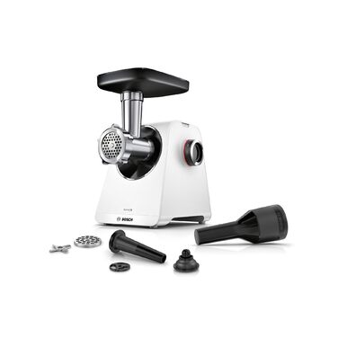 М'ясорубка Bosch MultiPower Serie 6 MFWS607W, 2 перфораційні решітки (4,5 та 8 мм), нержавіюча сталь, підходить для посудомийки, насадки для кеббе та ковбас, потужність 2100 Вт, біла