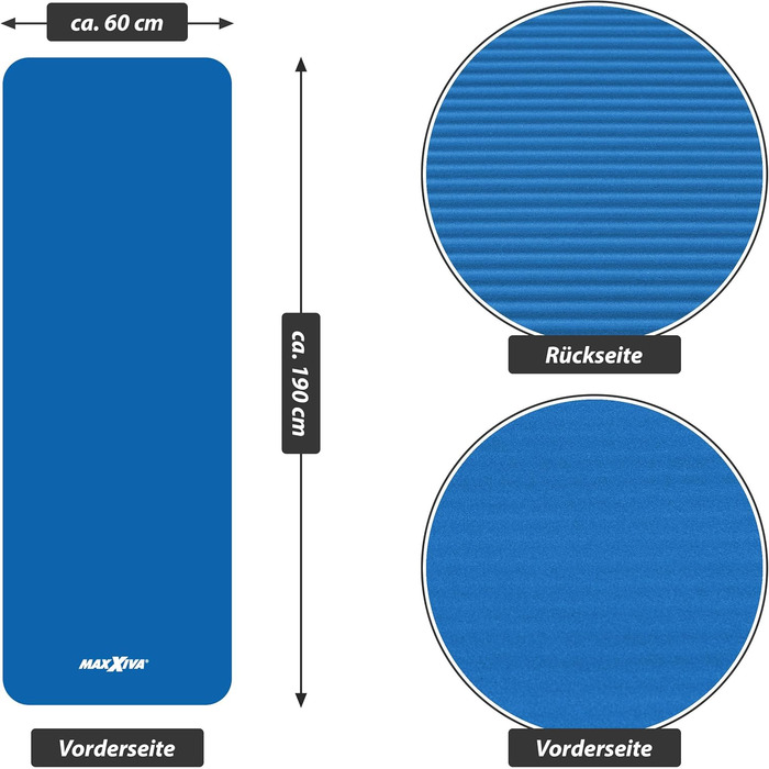 Килимок для йоги MAXXIVA - 190x60x1,5 см або 190x100x1,5 см, з ременем для перенесення, не містить фталатів, не ковзає, на вибір кольору - гімнастичний килимок, килимок для фітнесу, спортивний килимок, килимок для вправ, килимок для вправ (190x60 см, сині