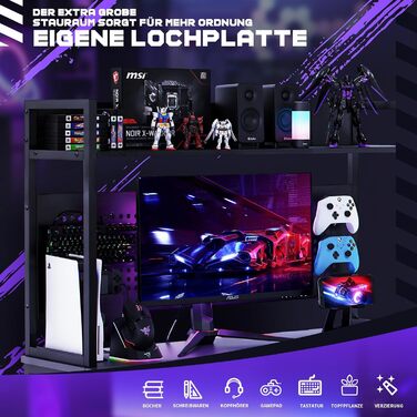 Г-подібний стіл Yansee, ігровий стіл з полицею, світлодіодне освітлення, порт зарядки USB, порт Type-C та розетка, кутовий стіл для домашнього офісу 120 x 50 x 75,5 см, чорний