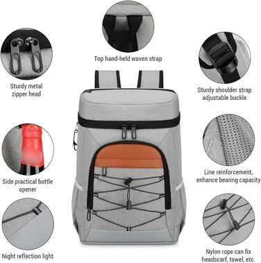 Рюкзак-холодильник Tourit, кемпінговий рюкзак-холодильник з відділенням для обіду, утеплений, водовідштовхувальний, для чоловіків/жінок, пікніків, подорожей, спорту, велика місткість, легкий, водонепроникна підкладка, сірий