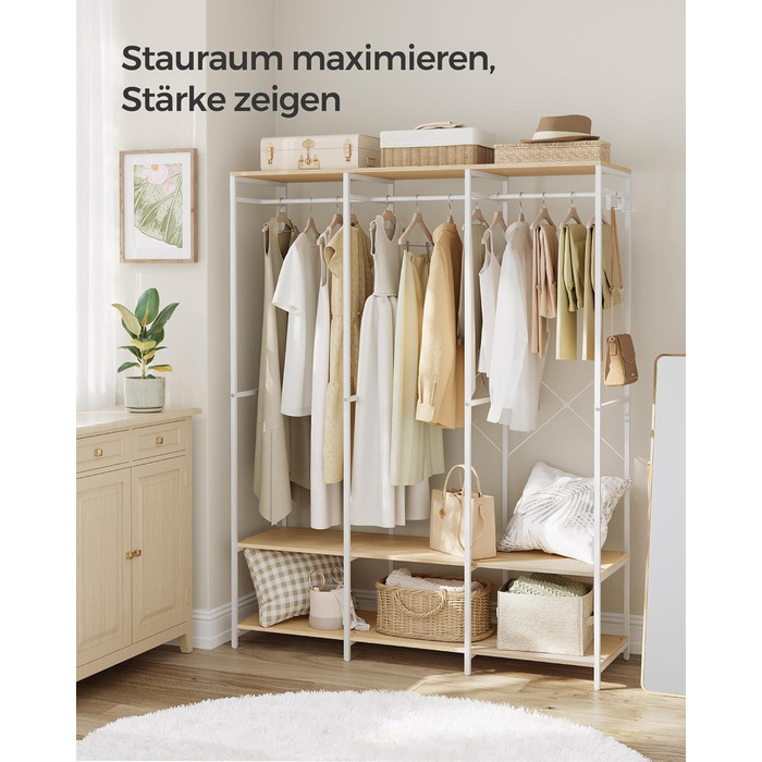 Відкрита шафа, вішалка для одягу, вішалка для пальто, шафа з рейкою для одягу, полиці, знімні гачки, 40 x 141 x 180 см, натуральний бежевий RGR005W67 Натуральний бежевий 40 x 141 x 180 см