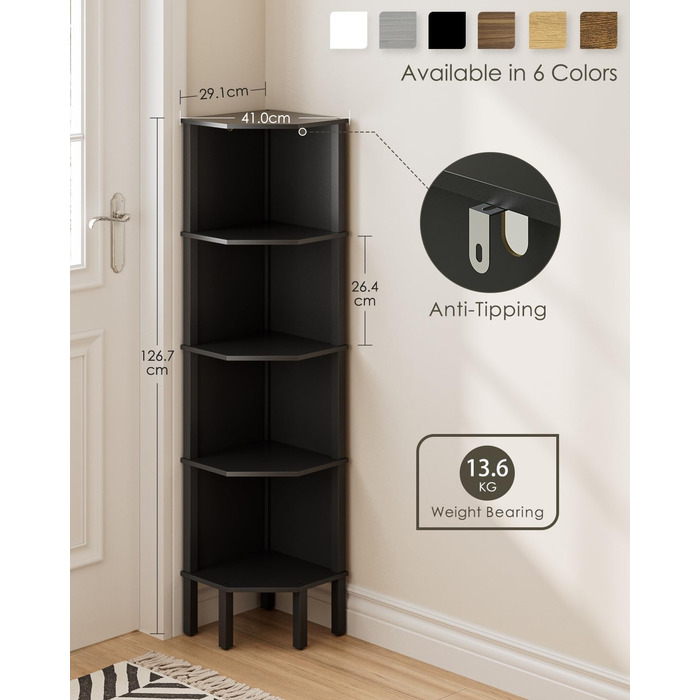 Кутова полиця, кутова книжкова полиця з 5 полицями, полиця для рослин, полиця для зберігання речей у вітальні, офісі, спальні, 127x29x29 см, чорна