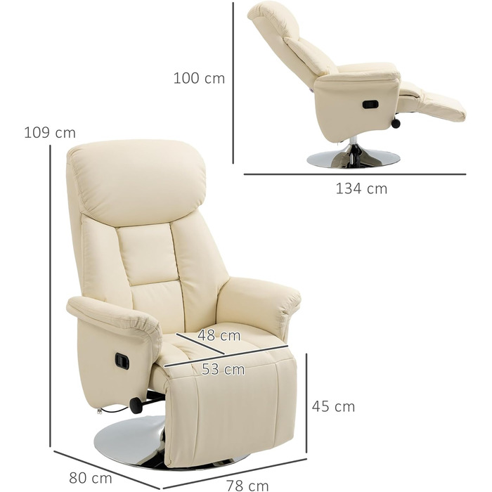 Крісло для телевізора HOMCOM з функцією відкидання, обертове крісло для телевізора з регульованою спинкою, м&39яке крісло-реклайнер, витримує вагу до 150 кг, штучна шкіра, для вітальні, кремово-білий колір