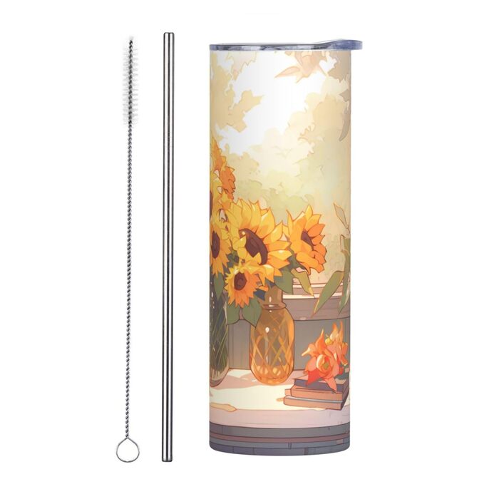 Кухоль з прямою трубочкою, соняшники під підвіконням, дорожній кухоль з принтом, підходить для кемпінгу, офісу та дому, 590 мл