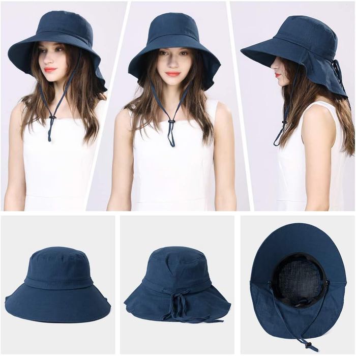 Жіночий сонцезахисний капелюх Comhats, захист від сонця UPF 50, літній капелюх із захистом шиї, широкі козирки, бавовна, M 1005темно-синій