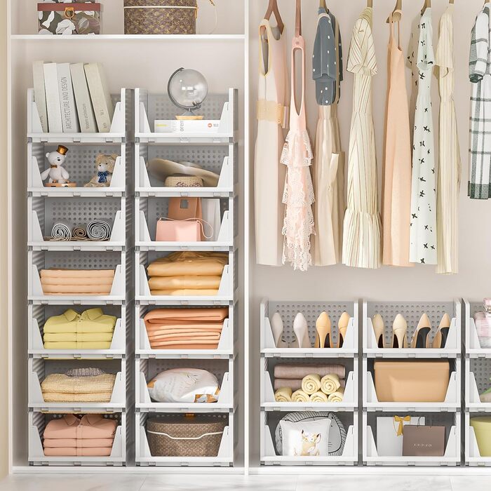 Елементний штабельований органайзер для гардеробу, складний органайзер для гардеробу, система зберігання в гардеробі, компактні коробки для зберігання та вставки для шухляд, білий, 5 шт. у упаковці, великий, 5-