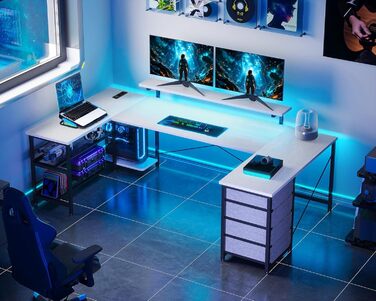 Кутовий стіл ODK з 4 шухлядами та місцем для зберігання, двосторонній кутовий стіл 167102 см з 2 розетками та 2 портами зарядки USB, ігровий стіл зі світлодіодним освітленням та підставкою для монітора для домашнього офісу, білий