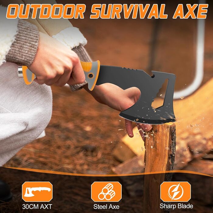 Набір для виживання на відкритому повітрі туристичний ніж, сокира, складна пилка, складаний саперний ніж, кемпінгова сокира та кресало (2 частини), чорний