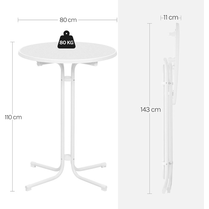 Складаний стіл WOLTU, бістро-стіл з чохлом, всепогодний круглий садовий стіл, барний стіл Ø 80 см, високий стіл 110 см, бічний столик для використання в приміщенні/на вулиці, для садових вечірок та весіль, металеві труби, білий Ø 80 см, матово-білий