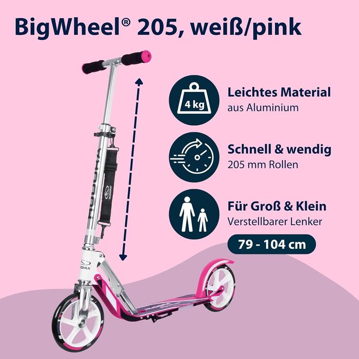 Самокат HUDORA BigWheel 205 стабільний алюмінієвий міський самокат, складаний, з регулюванням висоти та підніжкою, для дітей та дорослих (до 100 кг), білий/рожевий