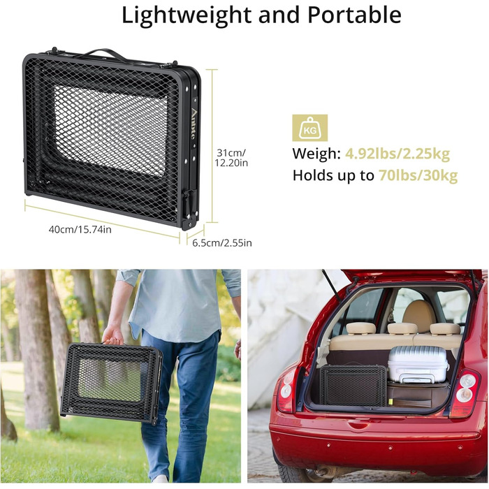 Стіл для кемпінгу Anbte, розкладний стіл з 3 регульованими висотами, стіл для гриля з алюмінію, 60*40 см, стіл-валіза з металевою сітчастою стільницею, легкий та портативний, садовий стіл, пивний стіл для пікніків на пляжі (чорний)