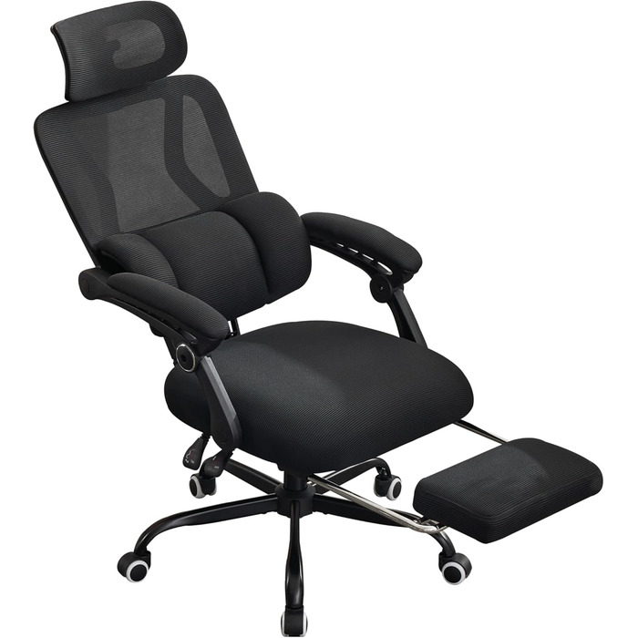 Ергономічне офісне крісло UEV з підставкою для ніг, чорне, крісло для домашнього офісу, обертове крісло, письмове крісло, нахил до 135, регулювання висоти, вантажопідйомність до 150 кг, повітропроникна тканина, для домашнього офісу