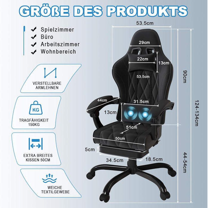 Ігрове крісло JUMMICO, тканинне з пружинною амортизацією, ергономічне офісне крісло з масажером. Ігрове крісло з підголівником, підставкою для ніг, регульована висота. Геймерське крісло, вантажопідйомність 150 кг, чорний колір