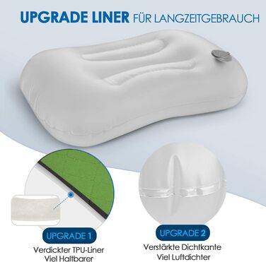 Надувна подушка для кемпінгу/подорожей HIKENTURE зі знімною наволочкою, ергономічна подушка для голови, зручна подушка для шиї для подорожей/використання на свіжому повітрі, надувна подушка для шиї для подорожей (зелена).