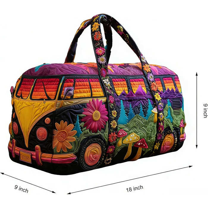 Дорожня сумка TIAASTAP Hippie Van VW Bulli - барвиста богемна стьобана сумка для вихідних зі знаком миру та ромашками, стьобана дорожня сумка, сумка для кемпінгу для свят, карнавалу та вечірок 3