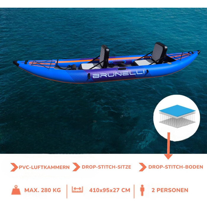 Надувний каяк Brunelli для 2 осіб, повний комплект, каное, каяк, туристичний човен, синій