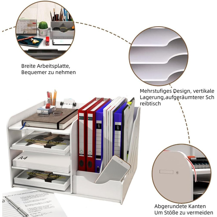 Настільний органайзер, Штабелювані лотки для листів (A4), Стоячий органайзер для документів для офісу, Органайзер для документів для столу, Зберігання документів A4, Офісне приладдя (White-a)