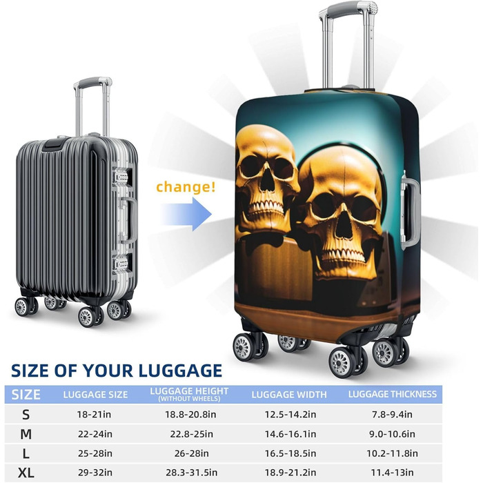 Чохол для валізи у формі черепа, міцний захист для багажу, підходить для валіз розміром 45,7 - 81,3 см, розмір XL, чорний, екстра-великий