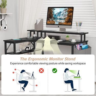 Кутовий ігровий стіл зі світлодіодним освітленням та довгою підставкою для монітора, L-подібний стіл із портом зарядки USB, розеткою та боковими кишенями, кутовий комп&39ютерний стіл для домашнього офісу, вуглецеве волокно