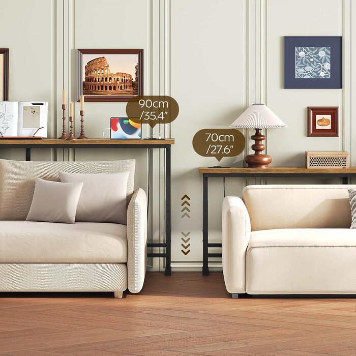 Вузький консольний столик, вузький столик для передпокою, столик для передпокою довжиною 180 см, 1 розетка змінного струму, 1 порт USB-A, 1 порт Type-C, для вітальні, передпокою, вінтажний коричнево-чорний XCT08CBR 180 x 15 x 70-90 см Вінтажний коричневий