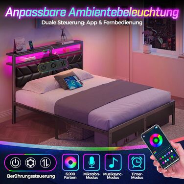 Ліжко Seventable 140x200 зі світлодіодним підсвічуванням, зарядною станцією (2 порти USB та 1 порт Type-C), металеве ліжко з м&39яким узголів&39ям та місцем для зберігання речей, двоспальне ліжко для спальні, чорне 140 x 200 см