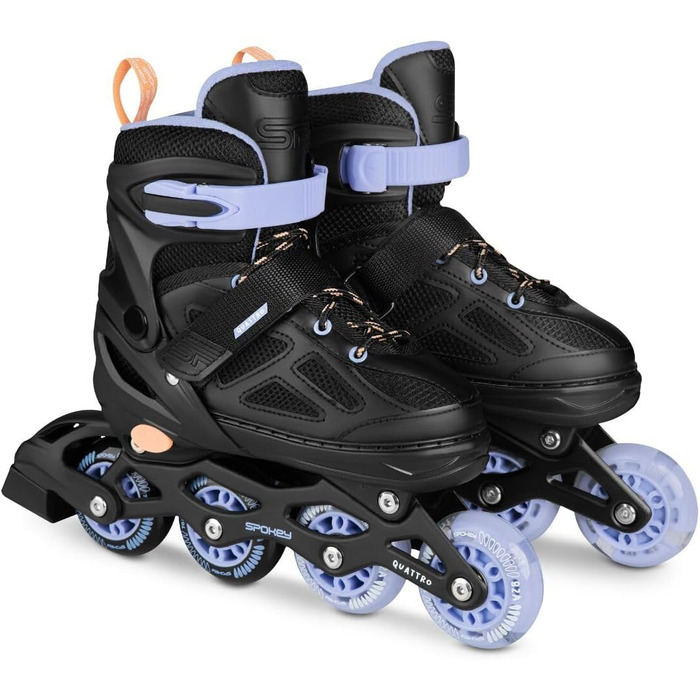 Набір SPOKEY Quattro 4-в-1 Роликові ковзани/Роликові ковзани/Трискейти/Ковзани для льоду, РЕГУЛЬОВАНІ для дітей та підлітків Роликові ковзани, що трансформуються в роликові Розміри 30-33, 34-37, 38-41 Чорний/Фіолетовий 38-41