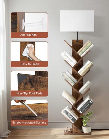 Книжкова полиця у формі дерева з підсвічуванням, 9-ярусна кутова полиця, пульт дистанційного керування та таймер, вузька дерев&39яна окремостояча полиця, невелика полиця для книг, CD та DVD, для вітальні, дитячої кімнати, офісу (колір рустик-коричневий)