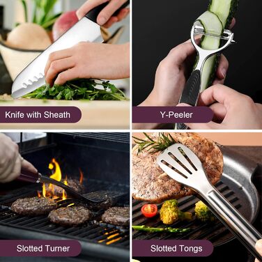 Набір кухонного начиння Odoland, набір посуду для вулиці з ножем сантоку, кухонними ножицями, шпателем, щипцями, ополоником та обробними дошками ідеально підходить для пікніків, подорожей, походів та садівництва (9 предметів)