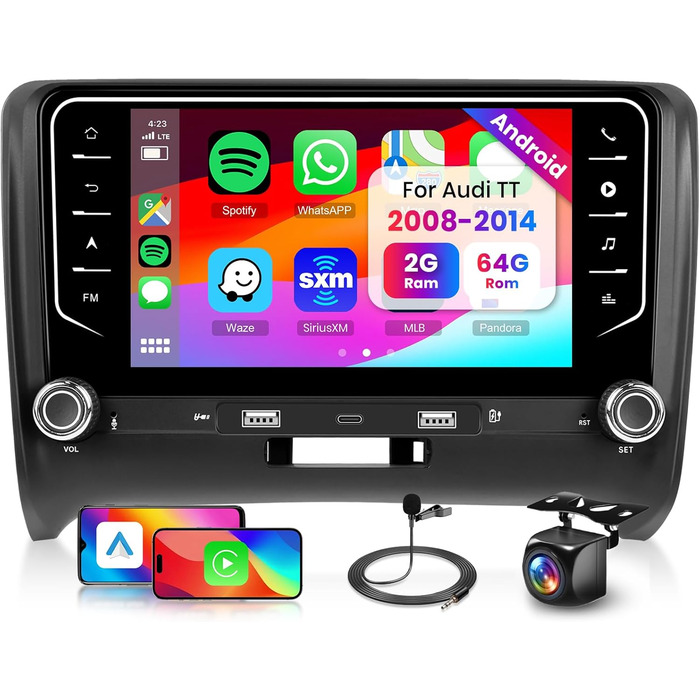 Автомагнітола Hodozzy 2G64G Android для Audi TT MK2 8J 2008-2014 з бездротовим Carplay Android Auto, 7-дюймовий сенсорний екран, 2 Din з навігацією, GPS, WiFi, Bluetooth, EQ/DSP, FM/RDS, радіо з камерою заднього виду