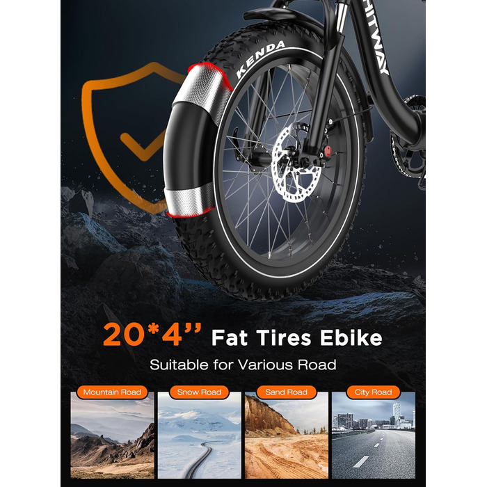 Електровелосипед HITWAY BK6S Plus з акумулятором 48 В 25 Аг та запасом ходу 90-200 км, міський електровелосипед з 20-дюймовими товстими шинами та подвійним кошиком для багажу, двигуном 250 Вт, 25 км/год, 7 швидкостей, чорний