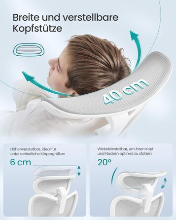 Ергономічне офісне крісло SONGMICS, стілець для роботи, комп&39ютерне крісло, регульований поперековий відділ та підголівник, вантажопідйомність до 150 кг, регульована висота, колір &quotголубий сірий&quot OBN066GD01