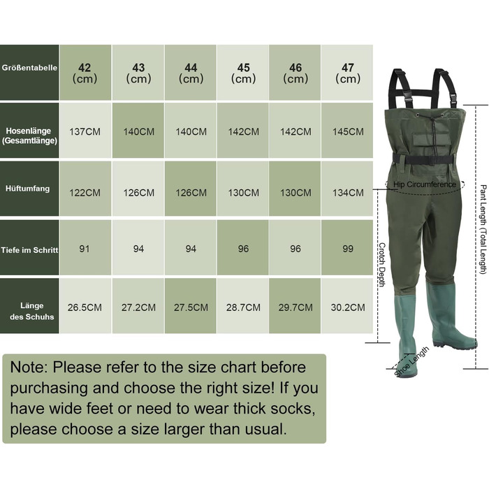 Вейдерси з нейлону 70 деньє, рибальські вейдерси з ПВХ, водонепроникні вейдерси для ставка з гумовими чобітьми, поясом, кишенями та одним вільним гачком, підходять для риболовлі, полювання, миття автомобілів, сільськогосподарських робіт, розмір 42, зелені