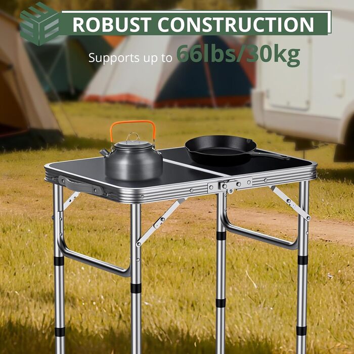 Складаний кемпінговий стіл EYPINS, регульована висота, портативний кемпінговий стіл, маленький складний стіл (58x40 см у 3 рівнях висоти) - чорно-сріблястий, алюмінієвий каркас - для кемпінгу, саду, пікніка та використання на свіжому повітрі, стільниця з 