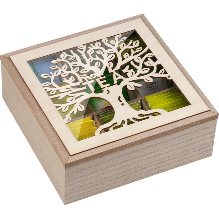 Чайна скринька, чайна скринька - дерев&39яна скринька для зберігання чаю, скринька для чайних пакетиків, чайний ящик для чайних пакетиків, цукру, кавових капсул, контейнер для зберігання з деревом життя та скляною кришкою для огляду, тримач для чайних пак