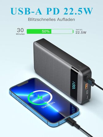 Зовнішній акумулятор для мобільного телефону Power Bank 26800mAh 22.5W PD20W швидка зарядка Powerbank USB C зі світлодіодним дисплеєм 3 виходи і 2 входи Портативний зарядний пристрій для смартфонів