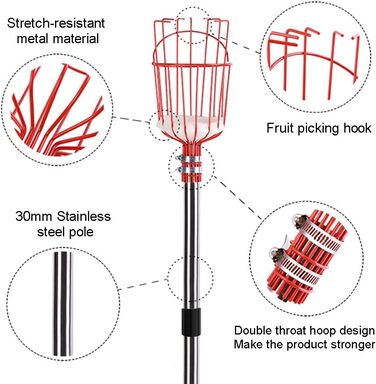 Збирач яблук з телескопічною ручкою з нержавіючої сталі 2.0M, збирач фруктів з телескопічною ручкою металевий, збирач вишні на відкритому повітрі, збирач фруктів з телескопічною жердиною, помічник комбайна для збору врожаю груш ягід Ø 145мм