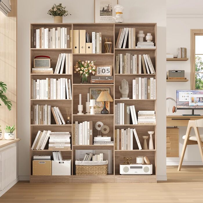 Книжкова шафа FirFurd 188 см, полиця з 17 відділеннями, книжкова шафа, окремостояча полиця, полиця для зберігання, для вітальні, офісу, кабінету, 149 x 23,5 x 188 см, дуб