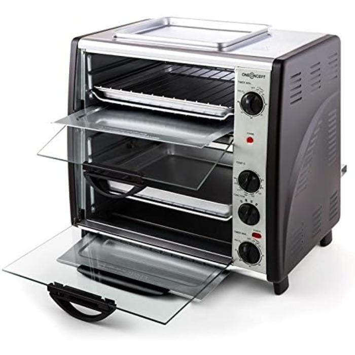 Подвійна духова шафа oneConcept All-You-Can-Eat - електрична духовка, дві окремі камери для випічки, загальний об'єм 42 літри, пластина для гриля, 2400 Вт, регульована температура 60-240C, нержавіюча сталь, срібло