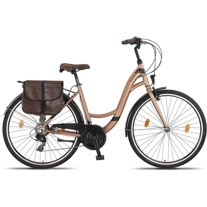 Велосипед Licorne Bike Stella Plus Premium City з алюмінієвими колесами 26 та 28 дюймів для дівчаток, хлопчиків, чоловіків та жінок - 21 швидкість - відповідає голландському стандарту StVZO, золотий колір, 28 дюймів