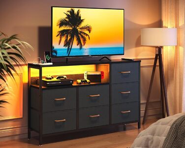 Комод Coleshome зі світлодіодною стрічкою, що змінює колір, та 2 розетками USB і 2 розетками змінного струму, комод із 7 тканинними шухлядами, підходить для спальні, вітальні, 132 * 30 * 89 см, чорний