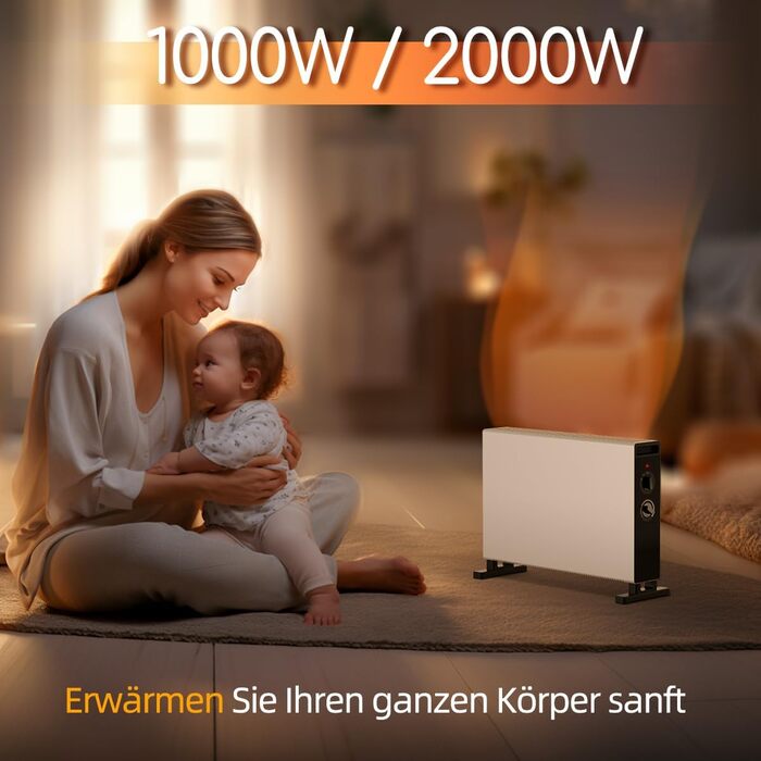 Конвекційний обігрівач, електричний обігрівач, радіатор, кімнатний обігрівач потужністю 1000 Вт/2000 Вт з регульованим режимом для спальні, кухні, офісу, енергоефективний безшумний обігрівач