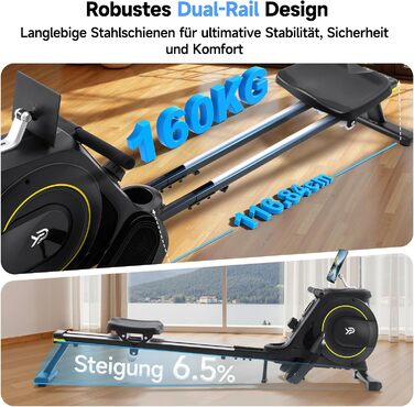 Домашній гребний тренажер YPOO, складаний, магнітний, тихий, з ексклюзивним додатком та РК-дисплеєм даних, подвійна рейкова стійка, витримує навантаження до 160 кг, легке складання