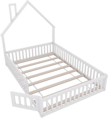 Дитяче підлогове ліжко, двоспальне ліжко 140x200 см з поручнями, рейковою основою та формою димоходу ліжко Монтессорі, ліжечко, домашнє ліжко, дерев&39яне ліжко, каркас ліжка, дитяче ліжко, соснове дерево, без матраца, біле.