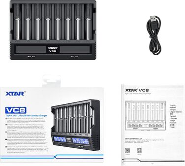 Швидкий зарядний пристрій XTAR VC8 3A USB з 8 відсіками, зарядний пристрій 21700 для акумуляторних батарей IMR 10440 16340 18650 26650 AAA AA C 5 Додатковий струм Заряджає 8 x 21700 Одночасно