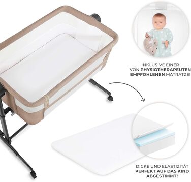 Приліжкове ліжечко 2-в-1, дорожнє ліжечко з матрацом та простирадлом, 5-рівневе регулювання висоти матраца, 4 колеса з гальмами, м&39який матеріал, легка конструкція, бежевий Nestee Beige, 2