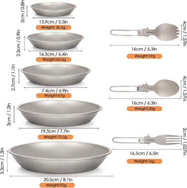 Набір кемпінгових тарілок 8-в-1 з 5 титановими каструлями та складною виделкою, ложкою, легким посудом, столовими приборами для барбекю, кухні, походів, пікніка